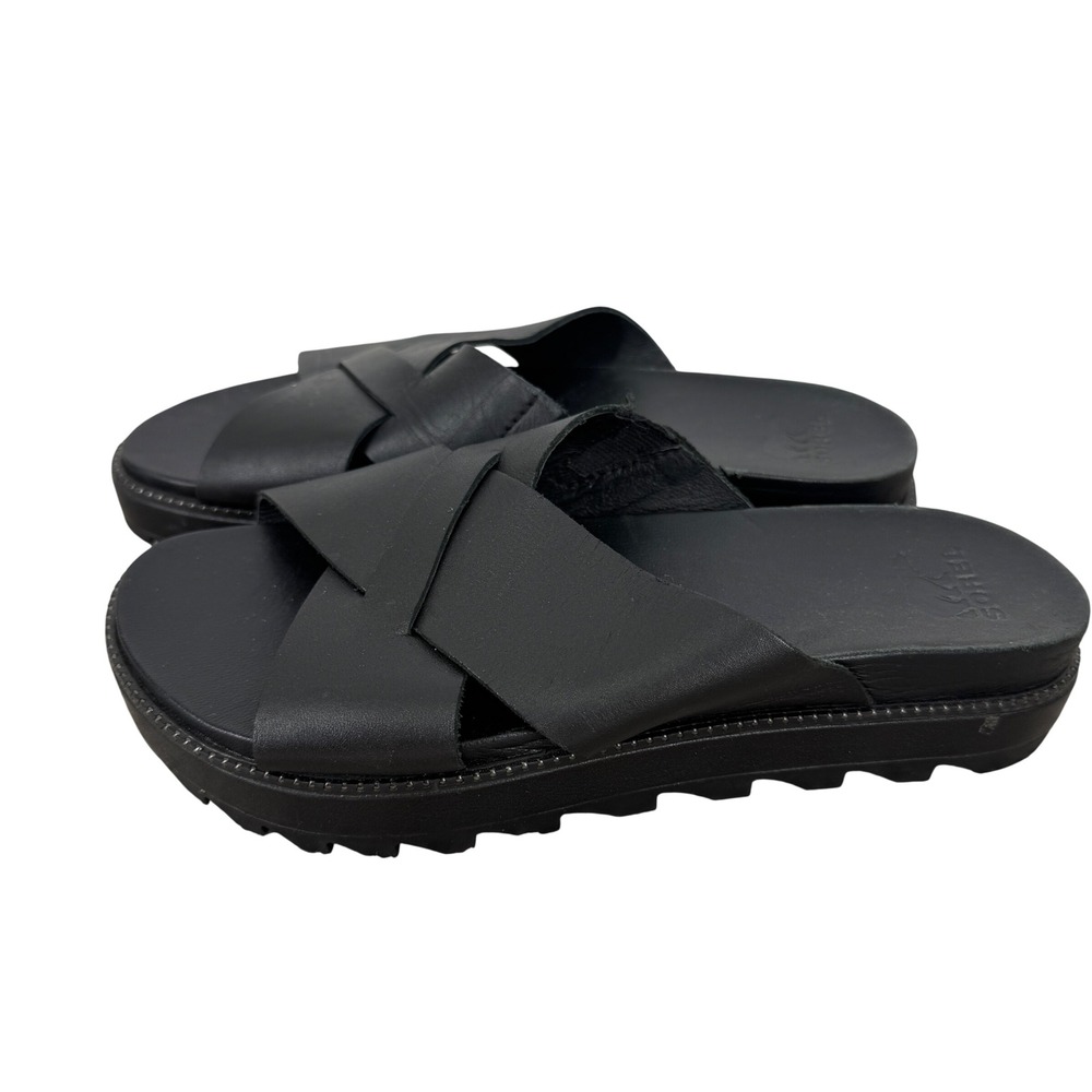 Sorel Crisscross Black Leather Platform Slide Sandals Chunky Women Size 7 Urban